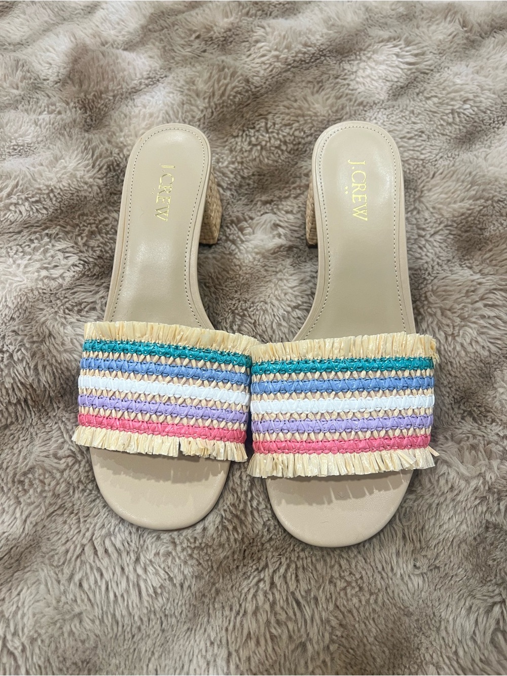 J. Crew Neutral Raffia Slide Sandals with Blue, Purple & Pink Stripes.